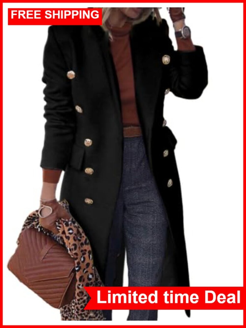 Wool Blend Trench Coat Long Double Breasted Peacoat